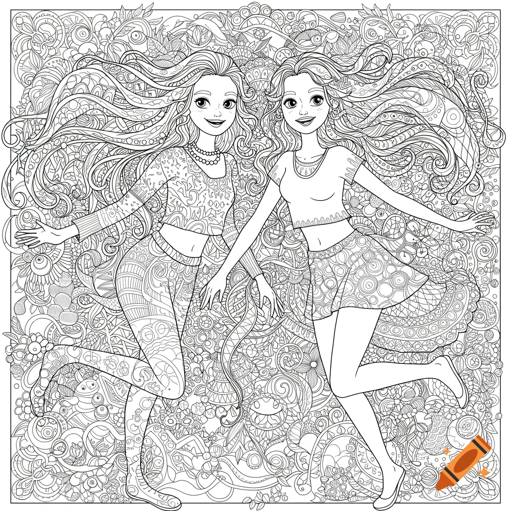 Detailed black and white line art coloring page of two smiling girls with long flowing hair and intricate patterned clothes, against a dense floral background.