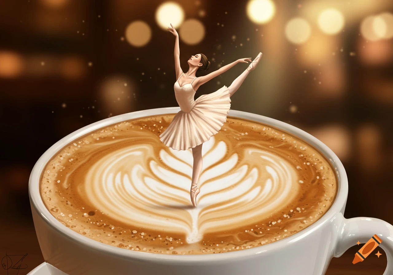 A miniature ballerina in a white tutu dances elegantly on the intricate latte art in a white coffee cup, with a blurred bokeh background.