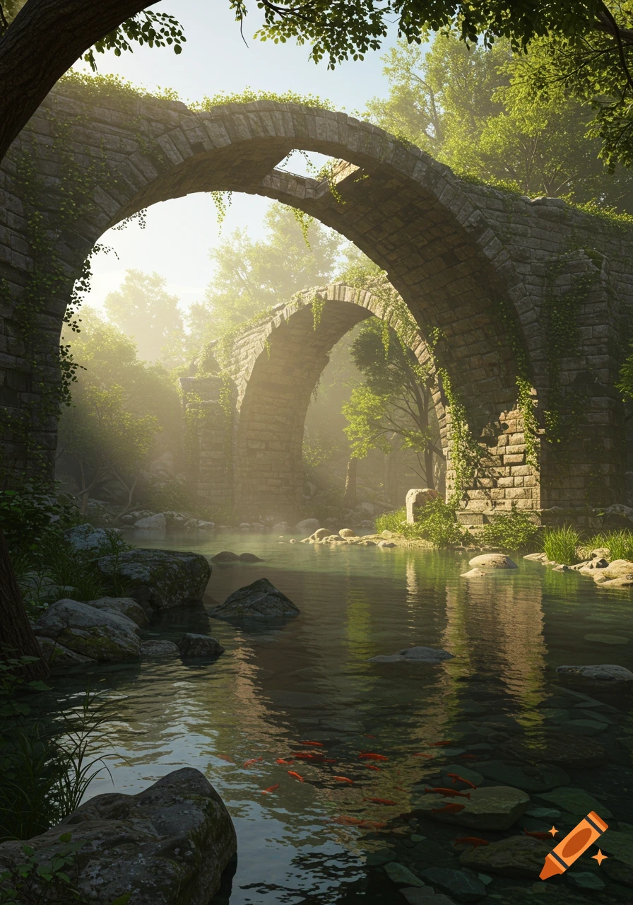 Ancient stone bridge arches over a misty river in a sunlit forest with green foliage and goldfish in clear water.