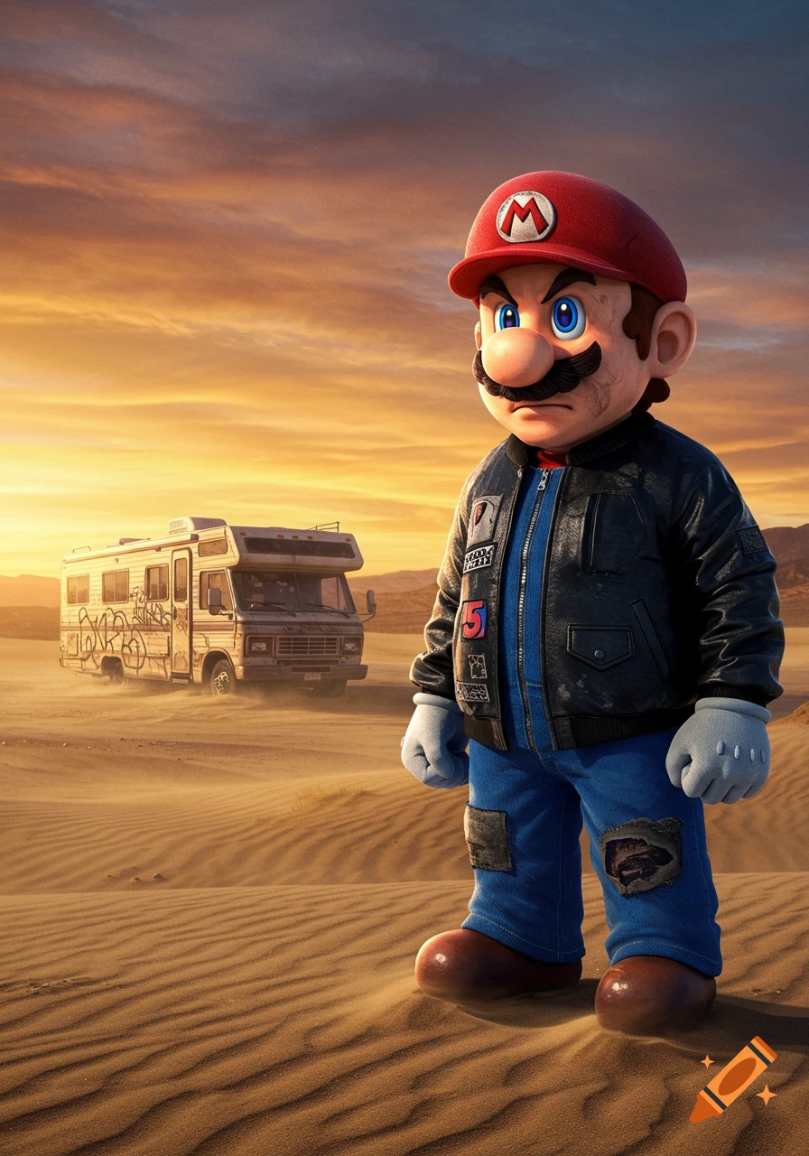 A photorealistic Mario in a leather jacket and jeans stands in a sandy desert, with a graffitied RV in the background under an orange sunset sky.