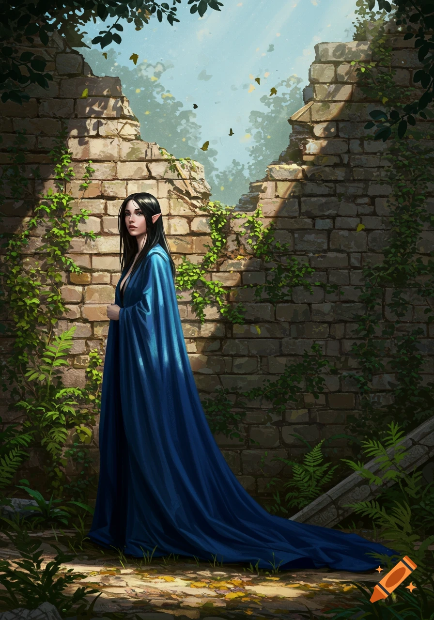 A dark-haired elf in a flowing blue cloak stands before a vine-covered ruined stone wall under dappled sunlight.