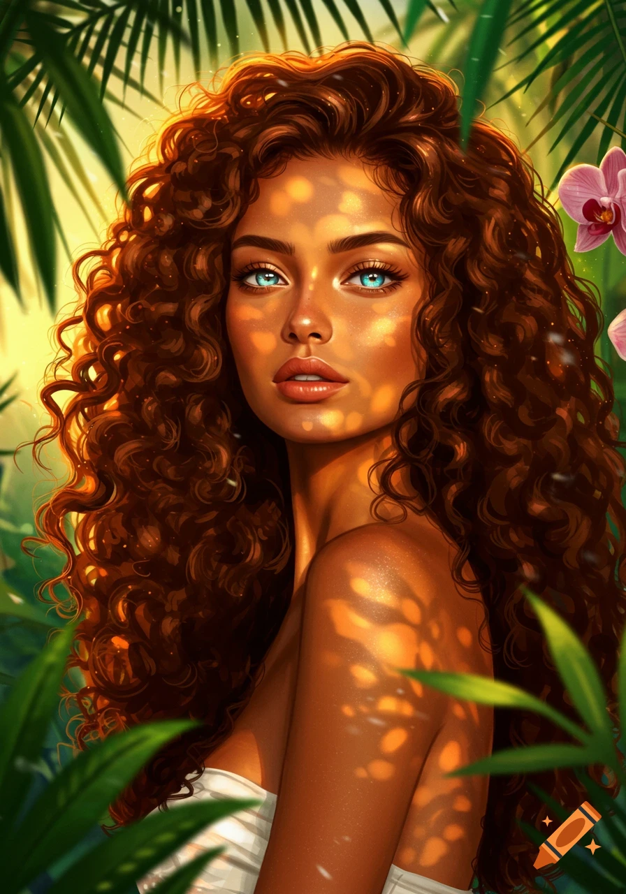 Digital art portrait of a beautiful woman with long curly brown hair and bright blue eyes, dappled in sunlight within a lush jungle.