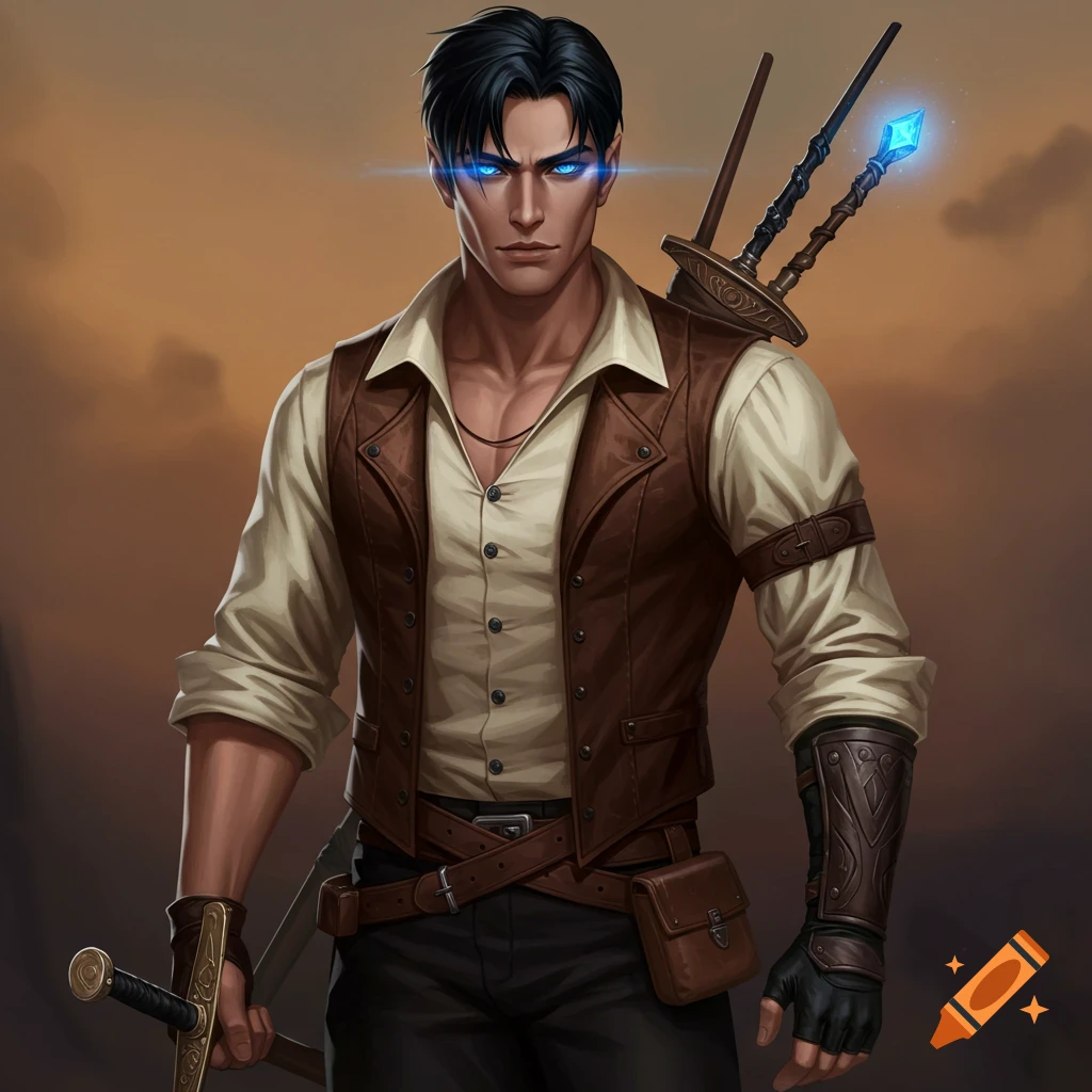 A dark-haired man with glowing blue eyes, wearing a brown vest over a cream shirt, black trousers, and fingerless gloves, holding a sword and with two staff-like weapons on his back.