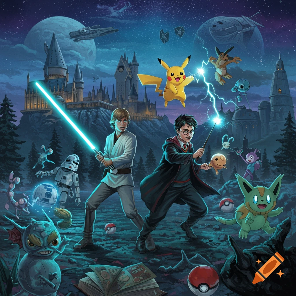 Luke Skywalker and Harry Potter, wielding a lightsaber and wand, stand before Hogwarts and Star Wars architecture. They are surrounded by various Pokémon, Star Wars droids, and creatures in a vibrant, moonlit fantasy setting.