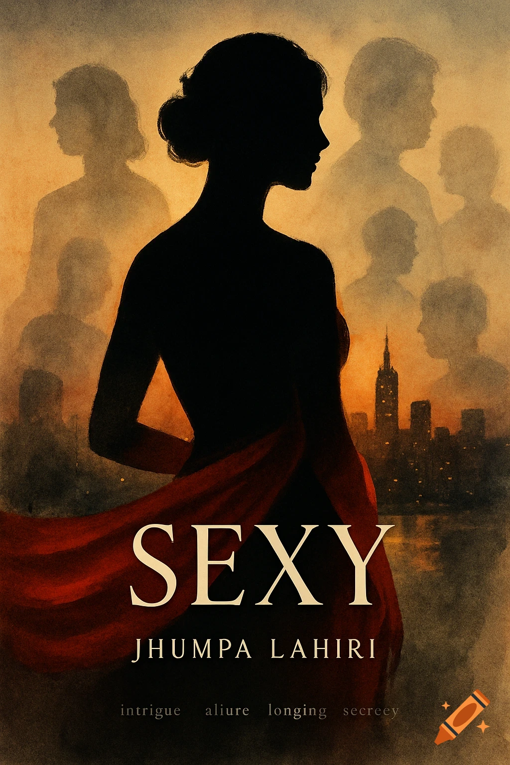 A stylized book cover featuring a woman's dark silhouette in profile, a red cloth draped around her, against an orange sky and a city skyline.