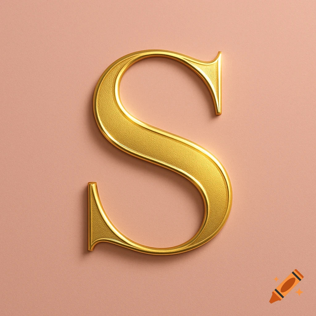 A shiny gold letter S with a textured surface, casting a shadow on a plain pink background.