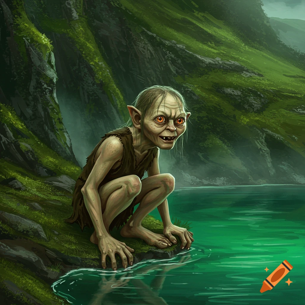 Gollum crouches by a green lake with mossy green hills in the background, looking at his reflection.