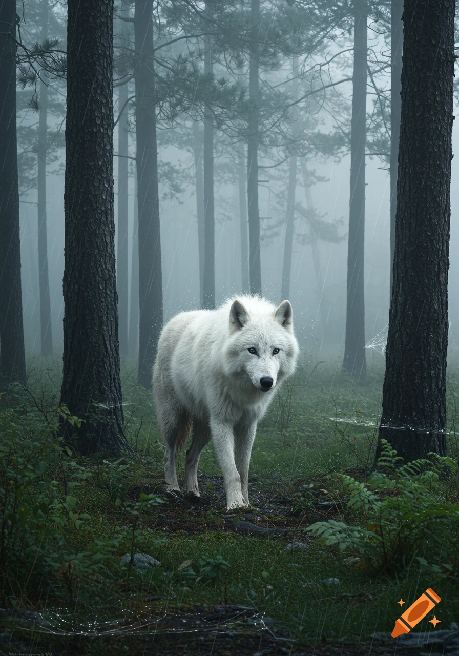 A photorealistic white wolf walks through a foggy, rainy forest with tall trees and green undergrowth.