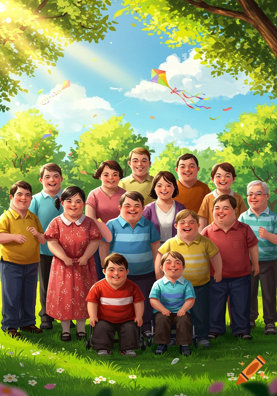 A large, diverse group of smiling people with Down syndrome in a sunny park with kites flying, depicted in a vibrant illustration.