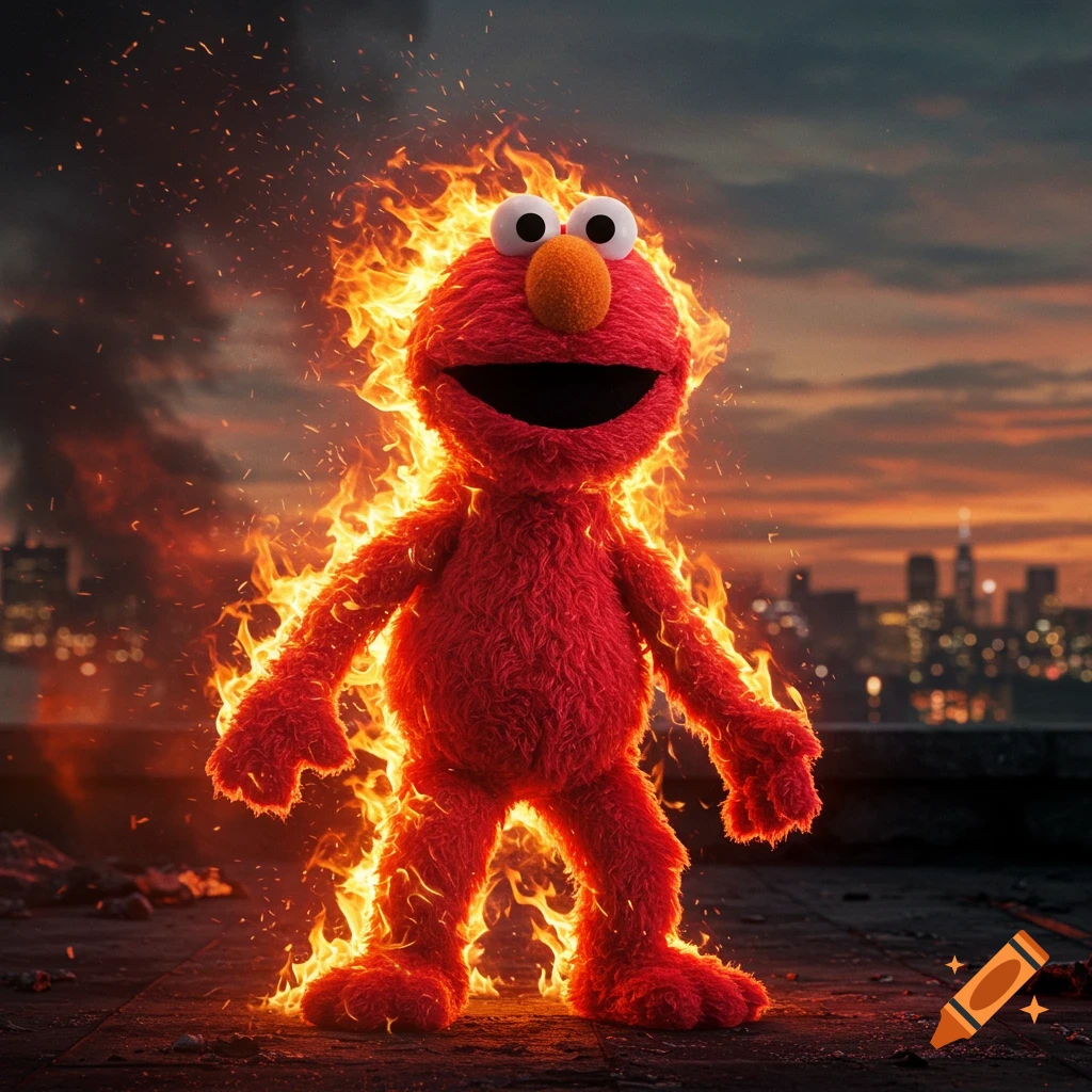 Elmo stands on a rooftop engulfed in vibrant flames with a city skyline at sunset in the background.