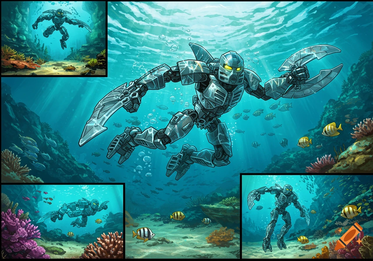 A Bionicle robot swims through a vibrant coral reef filled with fish, depicted in a detailed comic book art style.