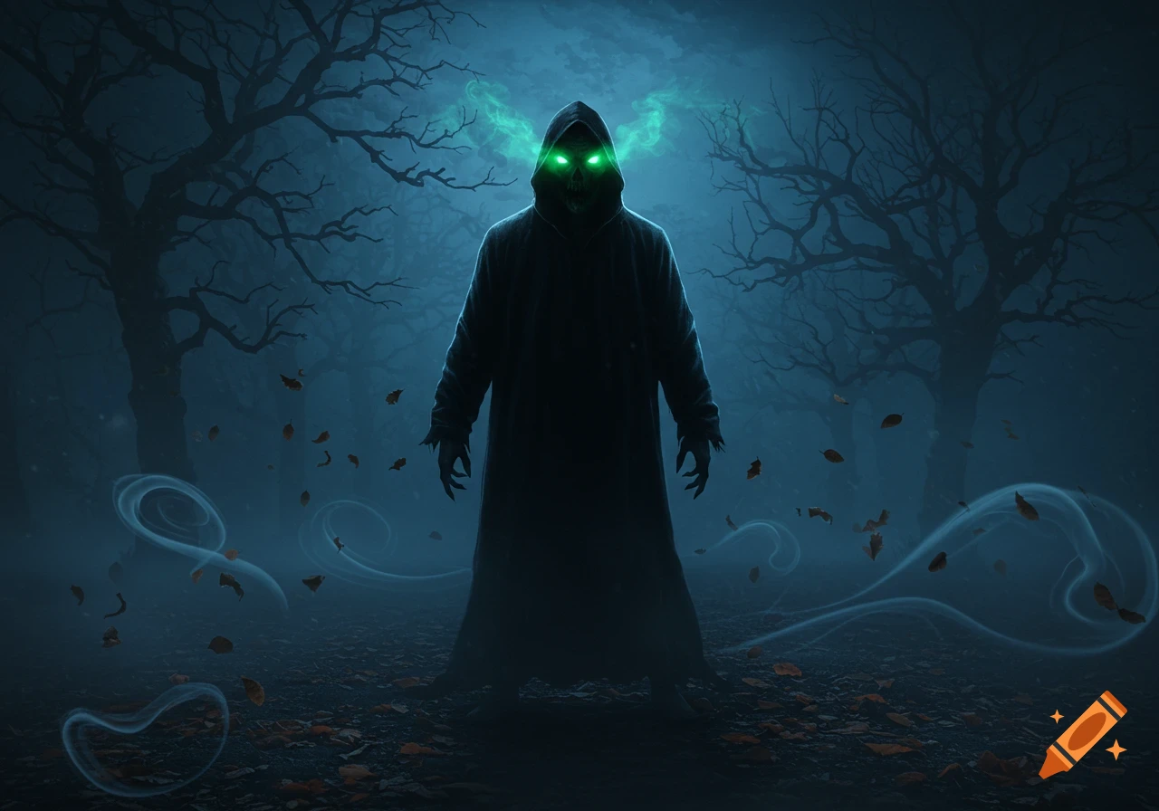 A dark, hooded figure with glowing green eyes stands in a misty forest with bare trees, swirling mist, and fallen leaves.