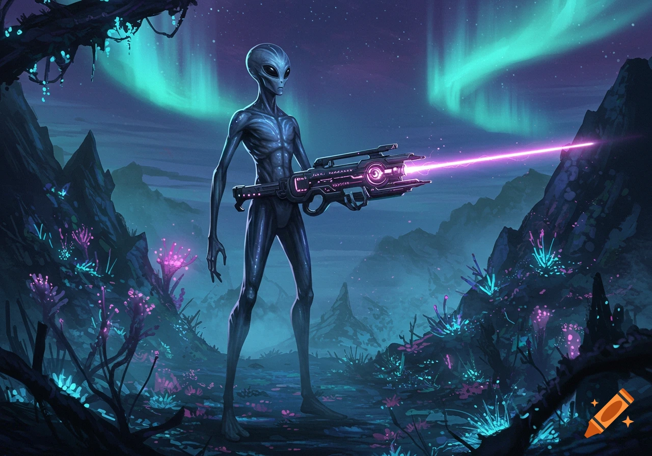 A grey alien with a laser gun stands on an alien planet with glowing flora and a vibrant aurora in the night sky, digital art.