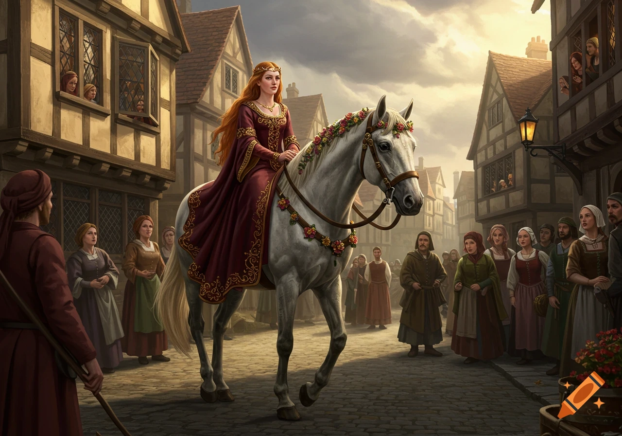 A woman with long red hair in a rich maroon dress rides a white horse adorned with flowers through a medieval town street as people watch.
