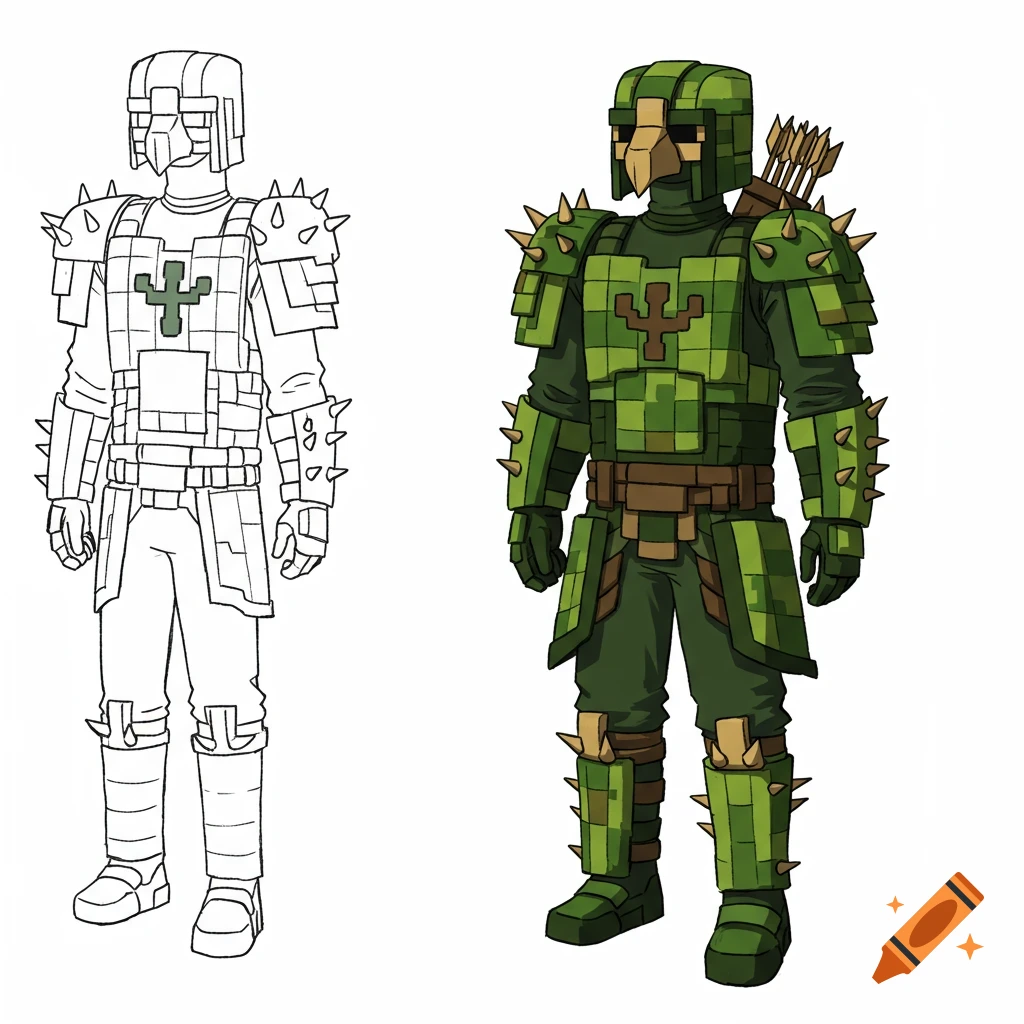 A line art and a colored version of Minecraft-style archer armor, green and brown with spikes, on a white background.