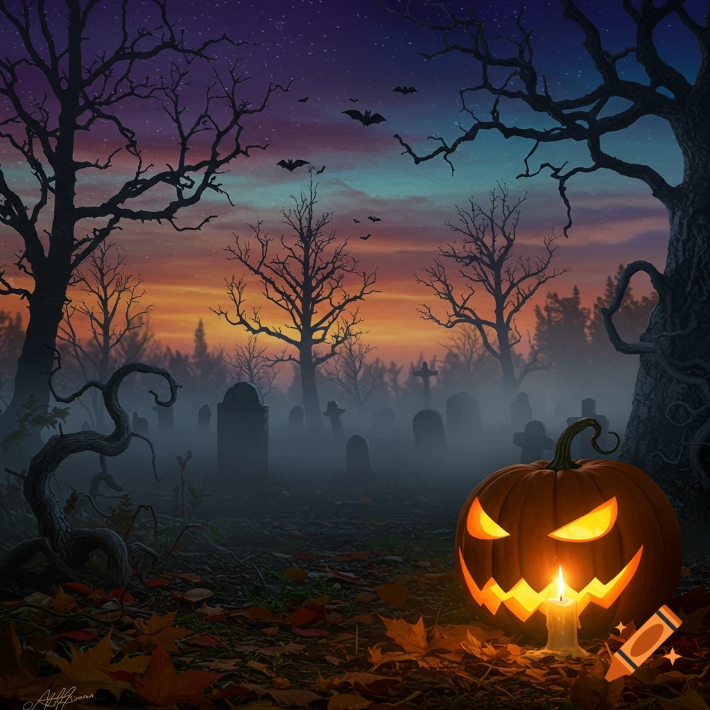 A glowing jack-o'-lantern sits in a foggy graveyard with silhouetted bare trees and bats against a colorful sunset sky.