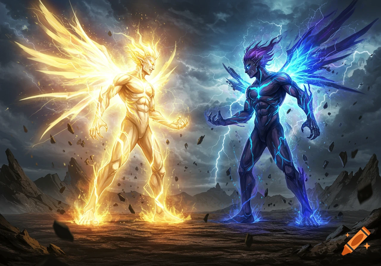 A golden winged figure and a blue winged figure, both glowing with energy, face each other in a stormy, rocky landscape with lightning.