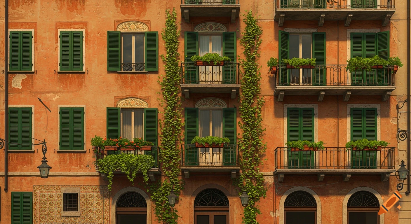 Photorealistic facade of a Milanese-style building with orange walls, green shutters, and vine-covered balconies.