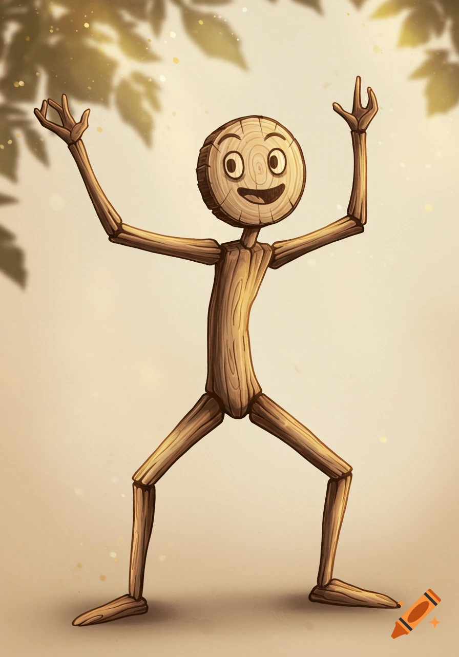 A happy wooden stick figure with a round head and expressive face, standing with arms raised under dappled light and leaves.