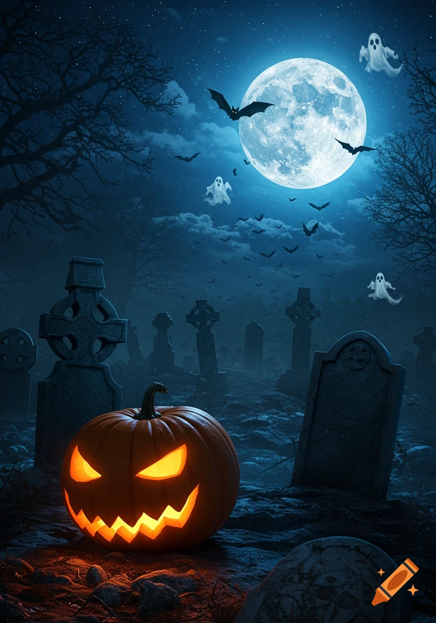 A glowing jack-o-lantern sits in a misty cemetery at night, surrounded by tombstones, bats, and ghosts under a bright full moon.