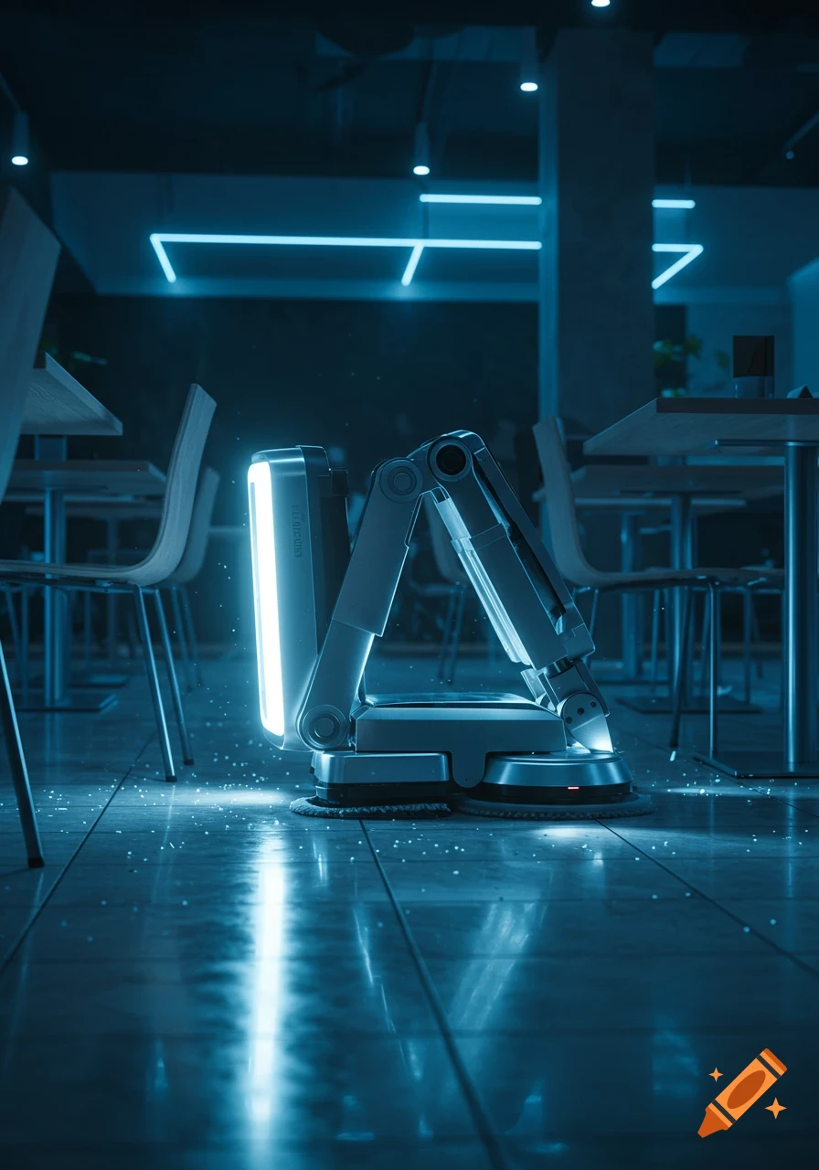A futuristic foldable cleaning robot with glowing blue lights on a reflective floor in a dimly lit, modern restaurant.