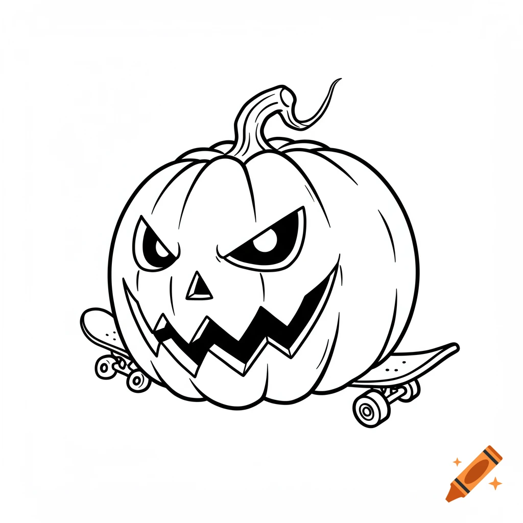 A black outline drawing of a menacing jack-o-lantern with skateboard wheels attached, on a white background.