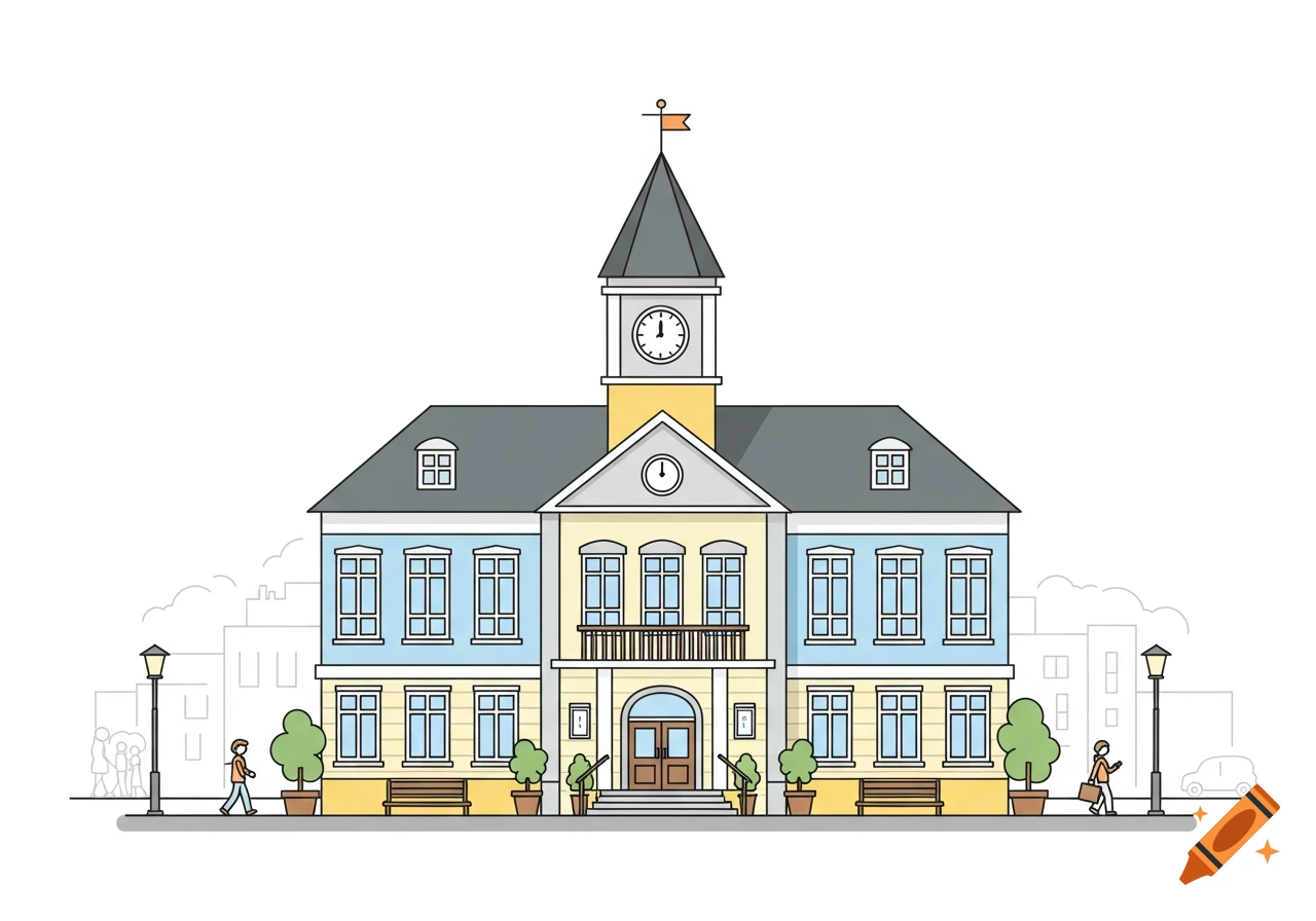2D modern children's drawing of a town hall with a clock tower, people walking on the sidewalk, and trees, on a white background.