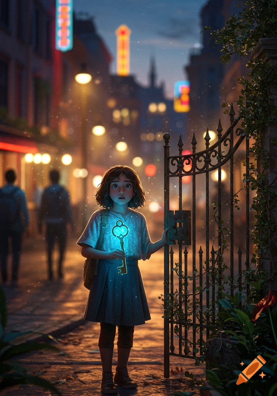 A young girl with wide eyes stands in a magical city street at night, holding a glowing skeleton key near an ornate gate. Stylized art.