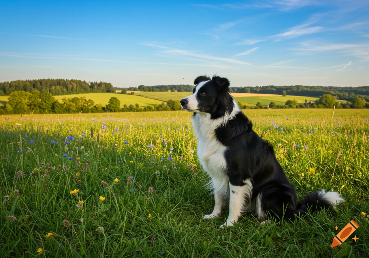 A photorealistic black and white Border Collie sits in a vibrant green meadow with blue wildflowers under a clear blue sky.