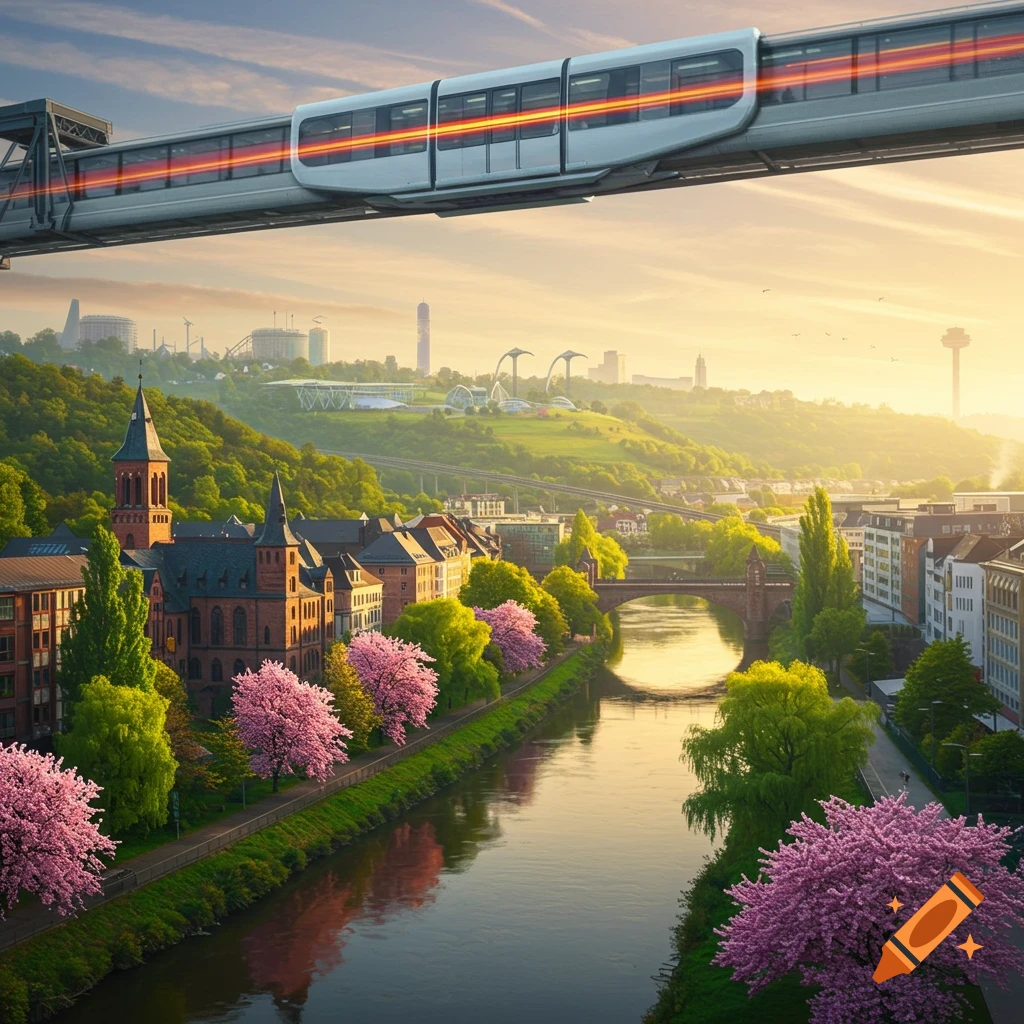A monorail train glides above a river in a spring city, with cherry blossoms lining the banks and distant buildings under a sunny sky.