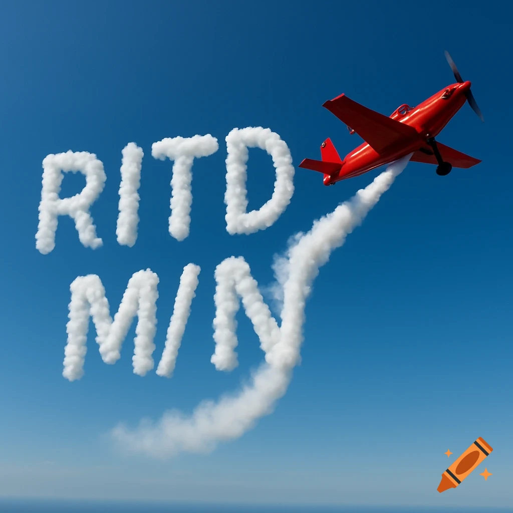 A red propeller airplane skywrites "RITD M/N" with white smoke against a bright blue sky, with the ocean visible in the distance.