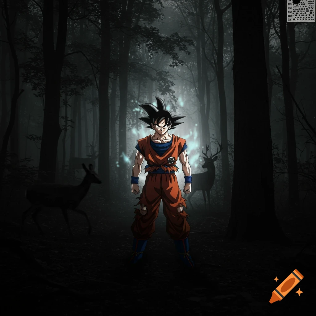 Goku, glowing with a blue aura, stands in a dark, misty forest with deer silhouettes in the background. Anime style.