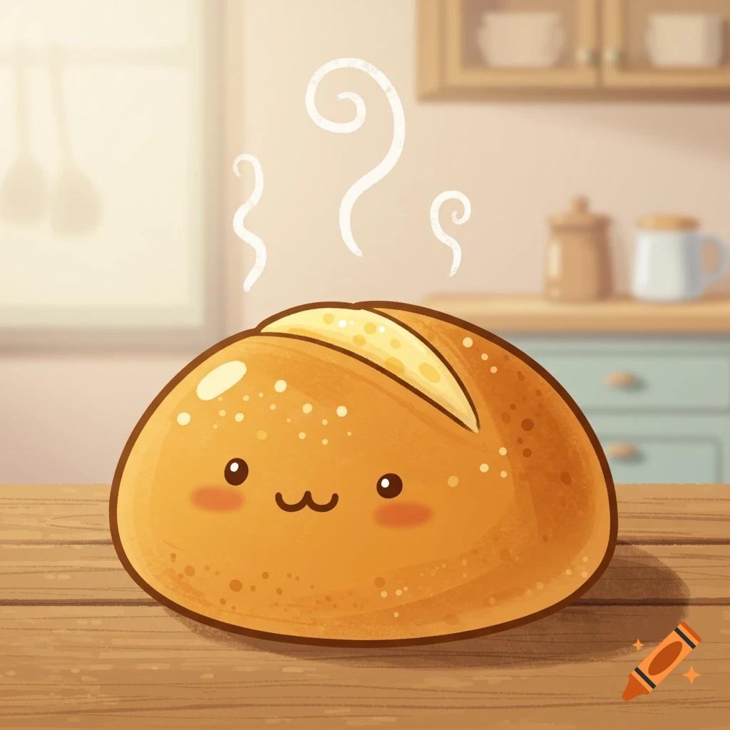 A cute cartoon bread roll with a smiling face and rosy cheeks, steaming on a wooden table in a kitchen setting.