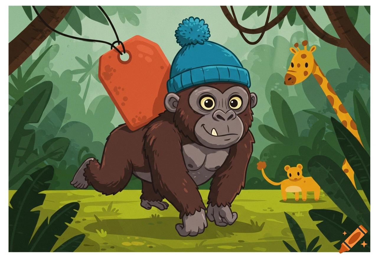 A cartoon gorilla in a blue pompom beanie with a blank orange tag on its back, in a lush jungle with a giraffe and a small animal.