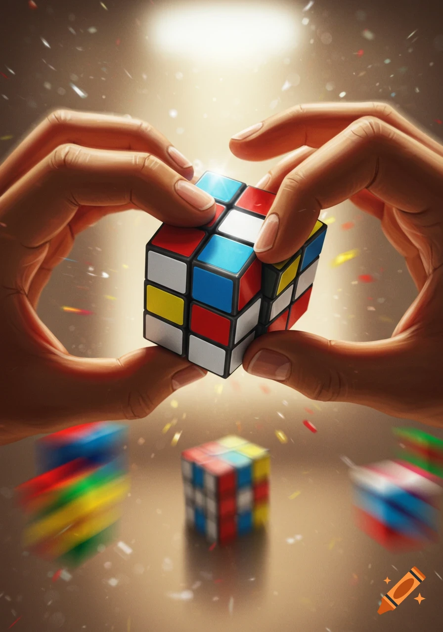 Colorful illustration of hands solving a Rubik's cube under a spotlight, with blurry cubes and confetti.