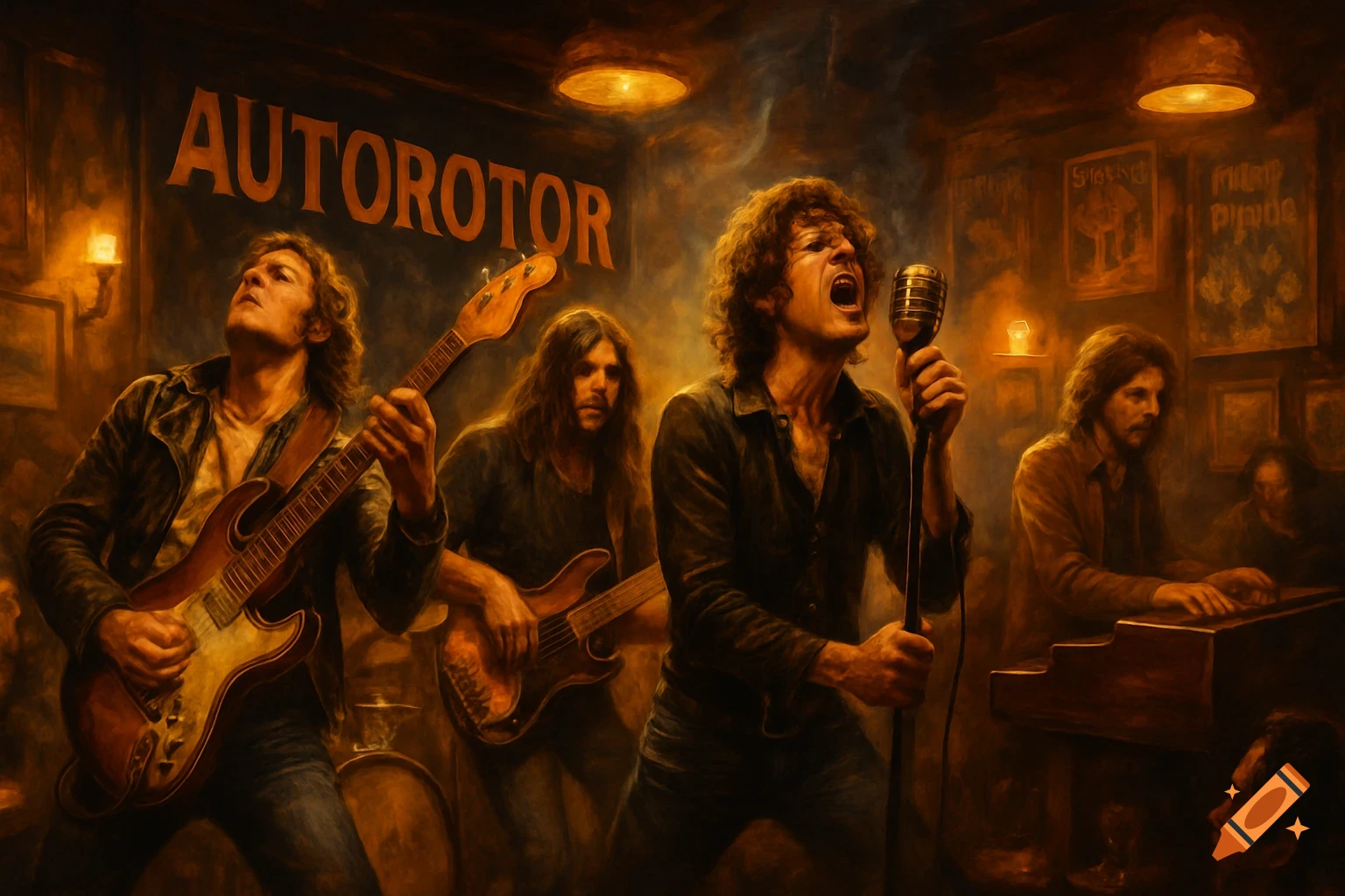 A 70s hard rock band, Autorotor, performs in a dimly lit pub. The singer, guitarist, bassist, and pianist play with dramatic lighting.