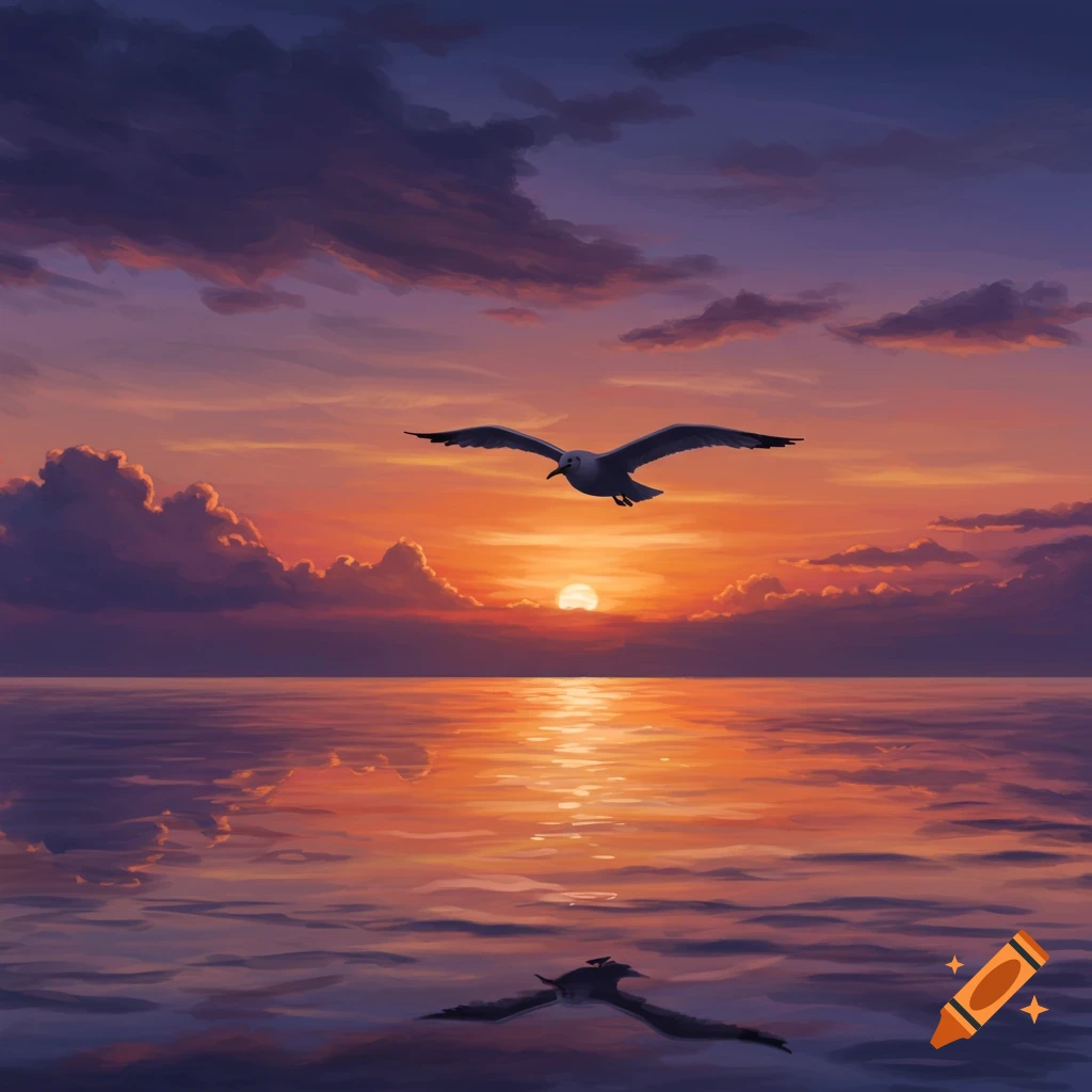 Digital art of a seagull flying over the ocean at a vibrant orange and purple sunset with reflections.