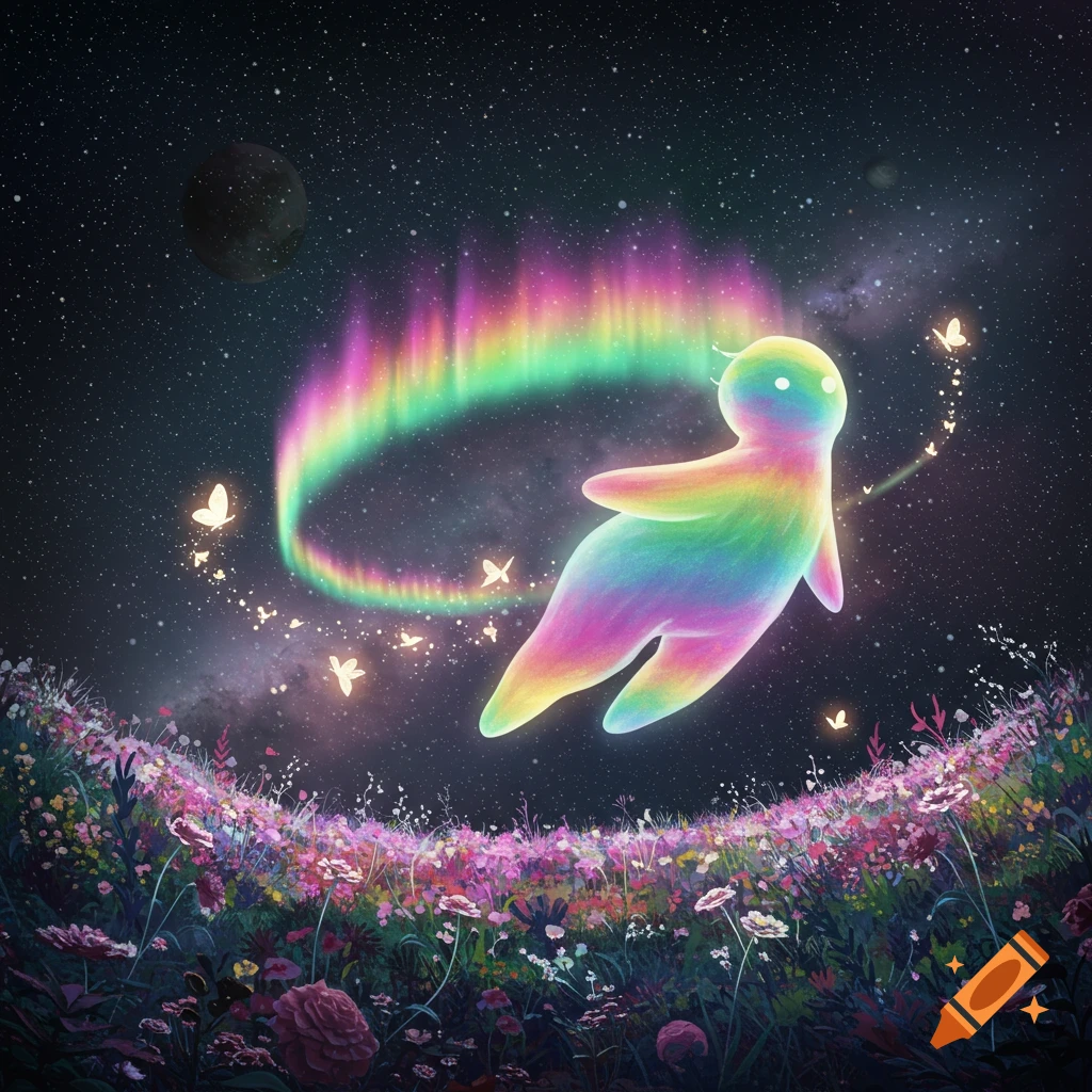 A colorful, glowing creature with a rainbow aurora floating above a vibrant flower garden with butterflies, under a starry night sky with a planet.