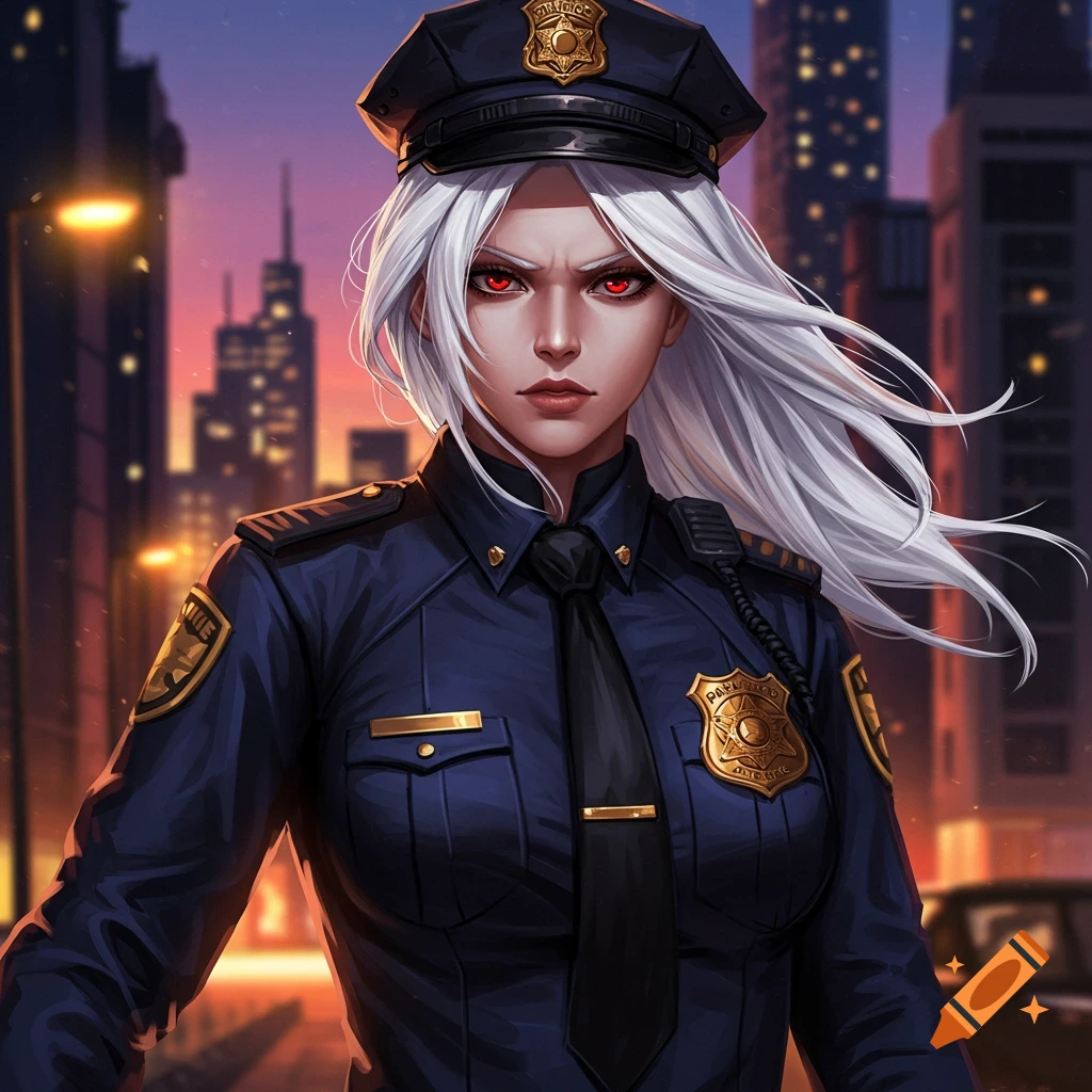 An anime-style illustration of a white-haired, red-eyed female police officer in a dark blue uniform and cap, standing against a city night sky.