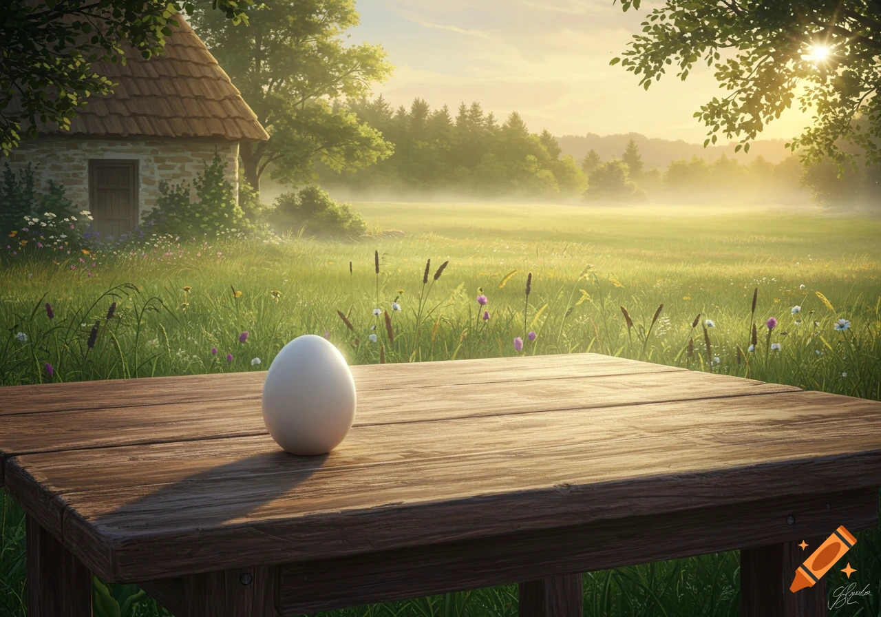 A single white egg rests on a wooden table in a sunlit, misty rural field with a stone house and trees in the background.