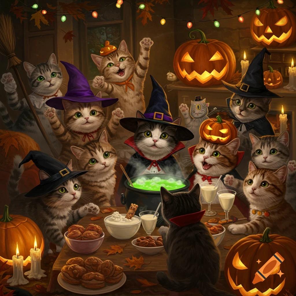 Multiple happy cats in various Halloween costumes sit around a festive table with glowing pumpkins, candles, and a bubbling cauldron.