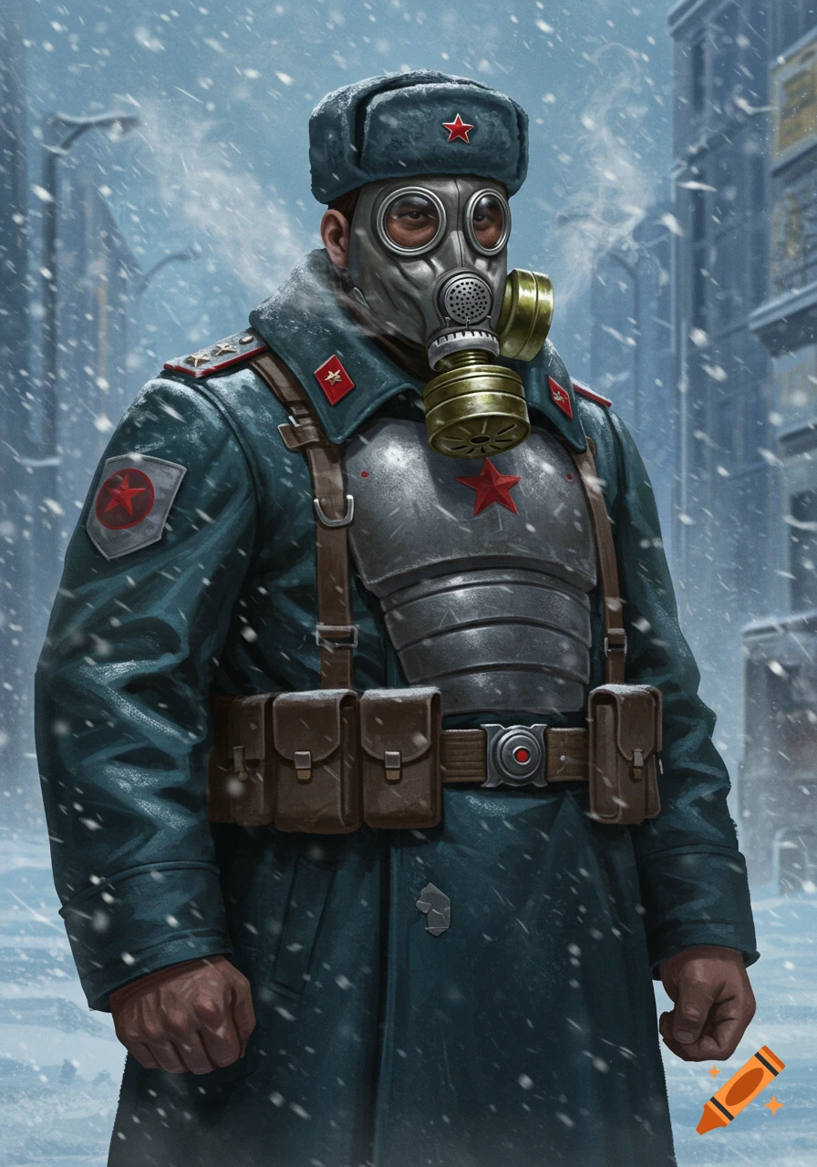 Illustration of a man in a gas mask, Russian winter hat, and military uniform standing in a snowy city street.