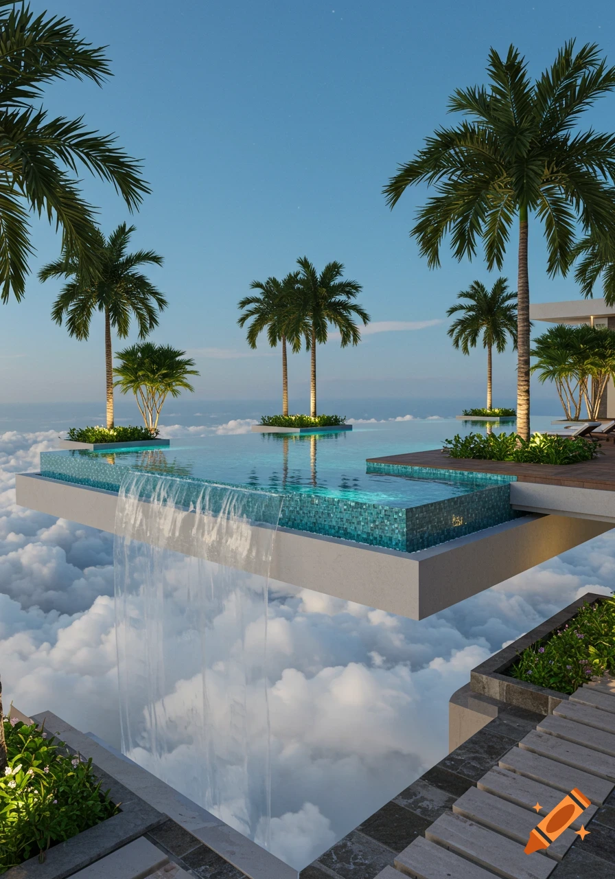 A luxurious infinity pool suspended high above the clouds with palm trees and water cascading over its edges, reflecting the blue sky.