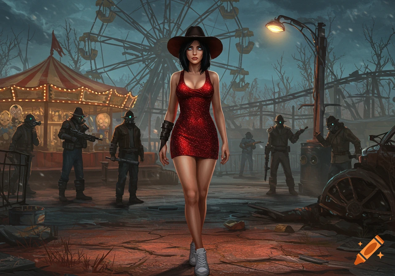 A woman in a sparkly red mini dress and black cowboy hat stands in a ruined amusement park with masked raiders. The park features a carousel and Ferris wheel under a moody sky.