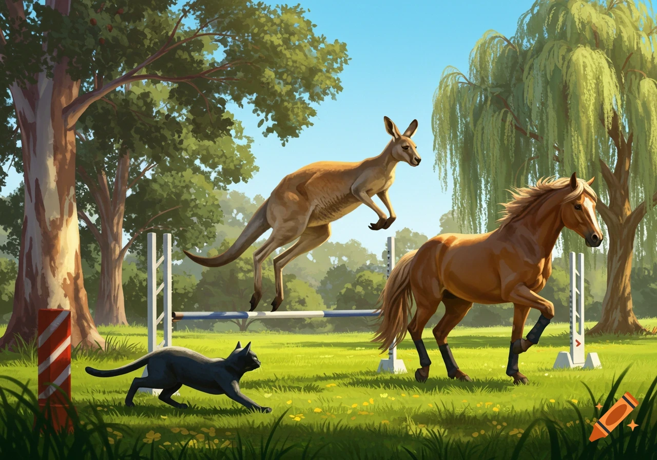 Illustration of a kangaroo jumping over a high jump bar, a brown horse, and a black cat on a grassy field with trees.