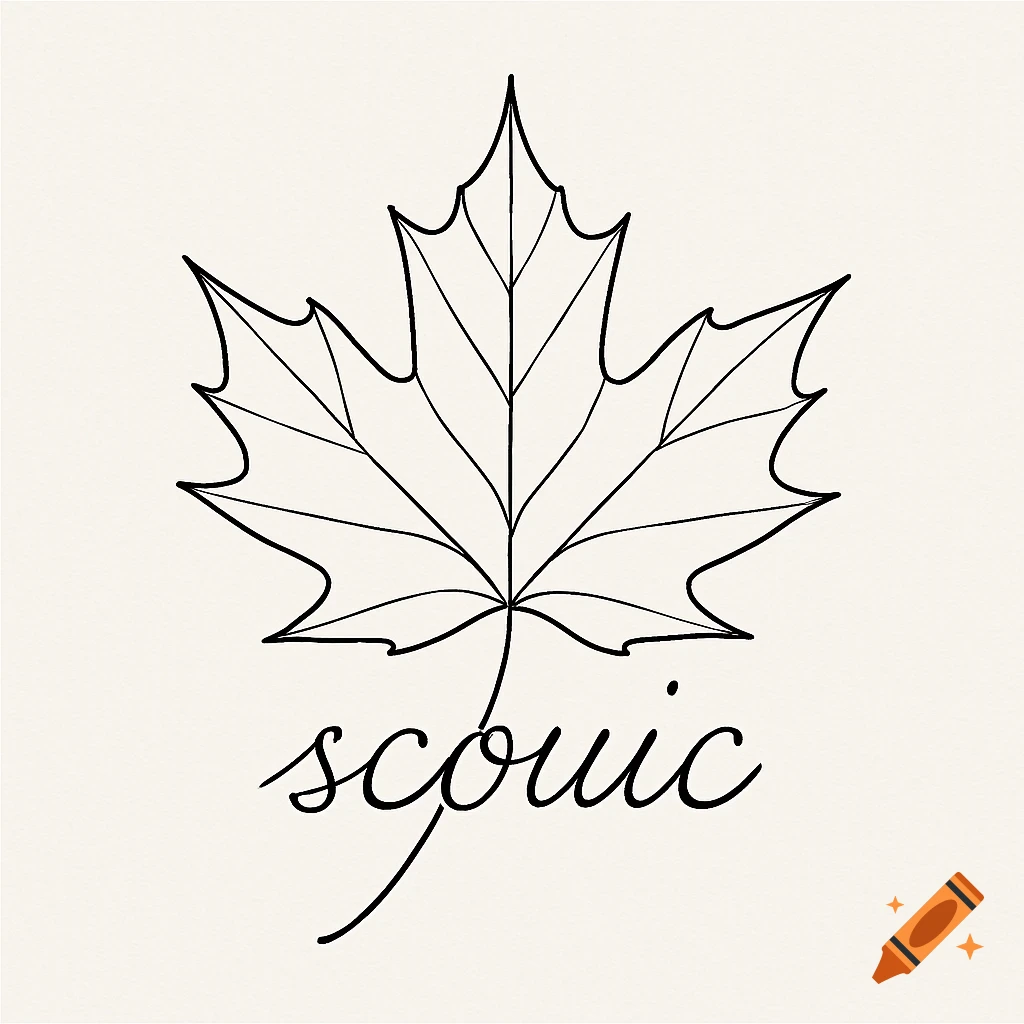 Minimalist line art drawing of a maple leaf with the word 'scouic' integrated as its stem.