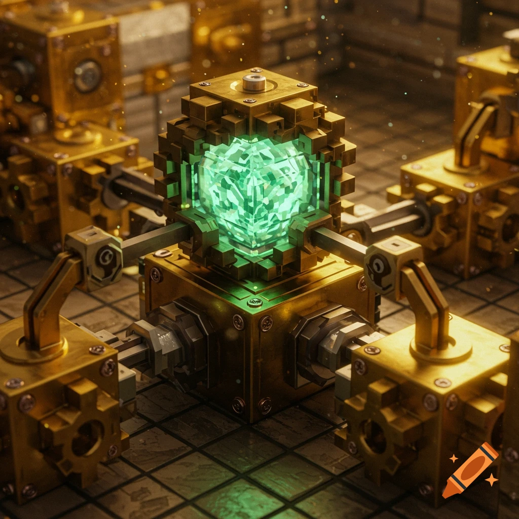 An intricate brass mechanism with a central glowing green voxel cube, connected to other brass components on a tiled floor.