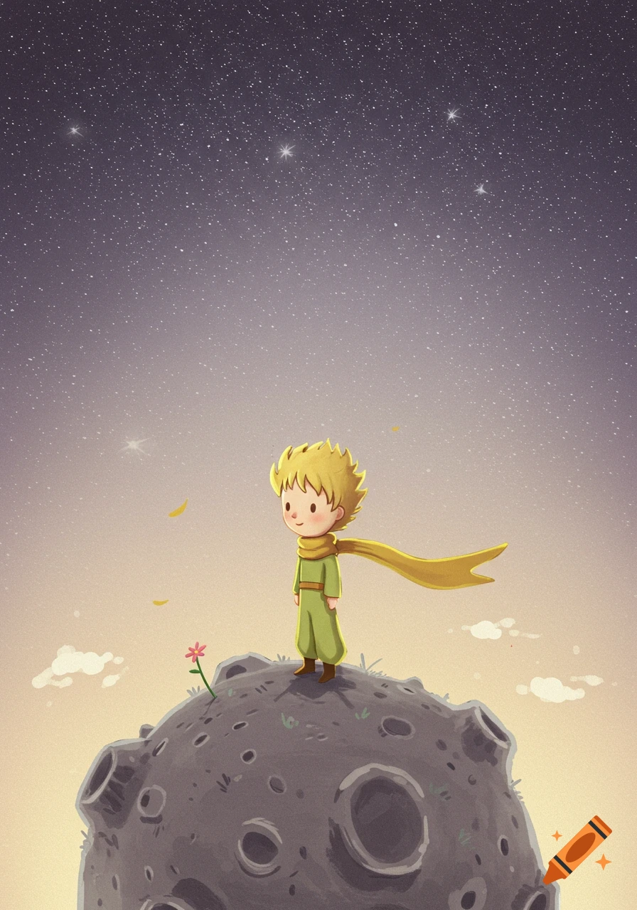 A cartoon character resembling The Little Prince stands on a small, cratered asteroid under a vast, starry night sky with a single pink flower.