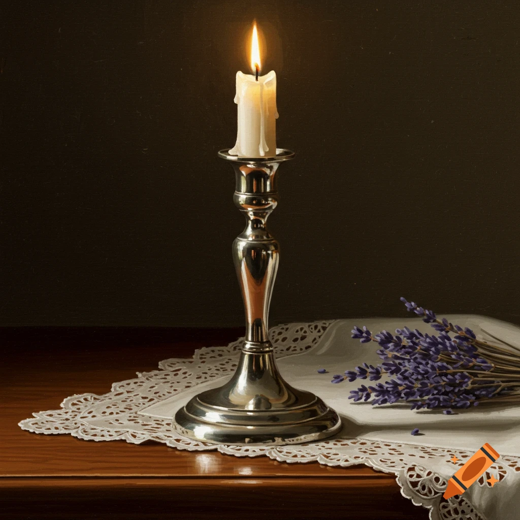 A lit candle in a silver candlestick on a wooden table with a lace doily and a bundle of lavender.