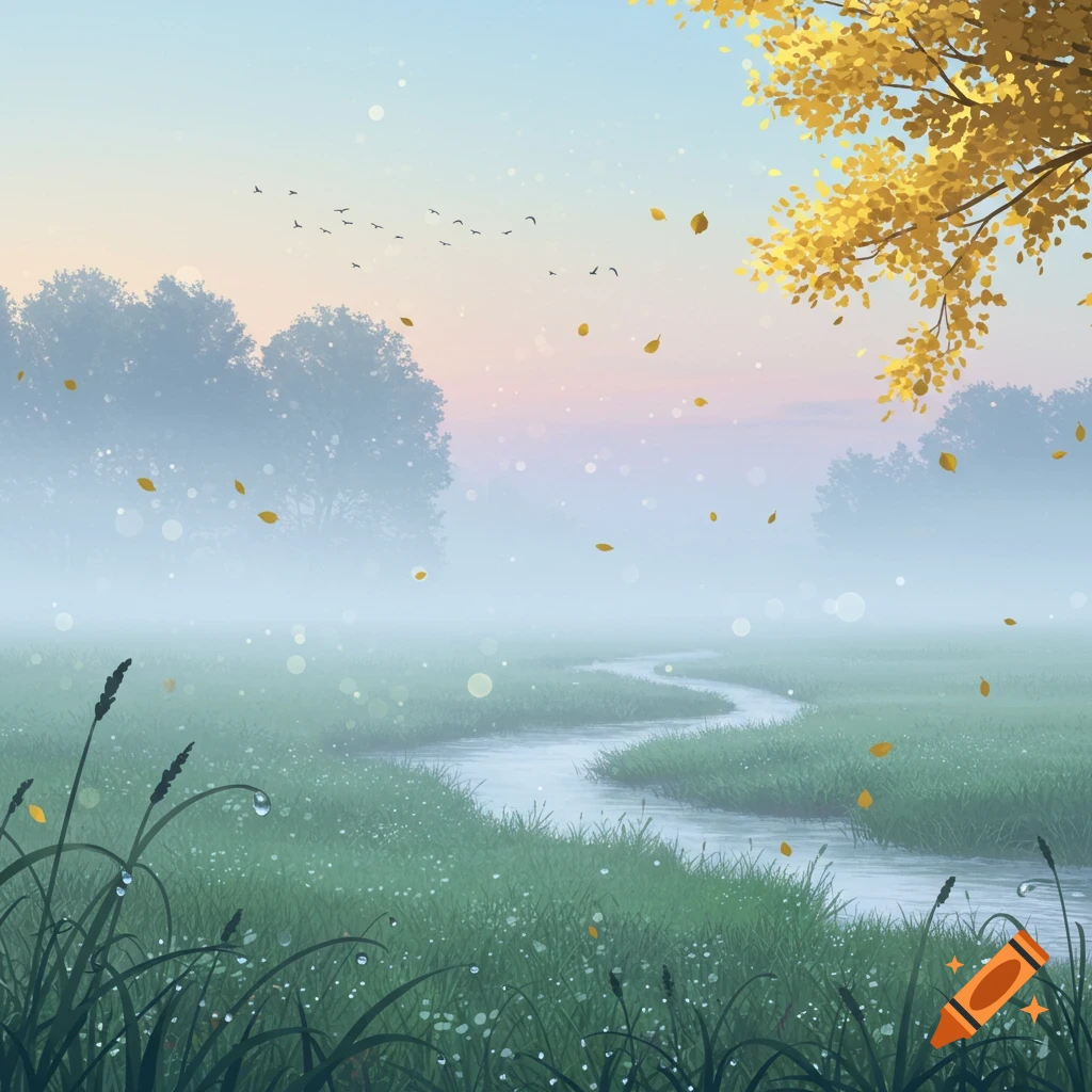Misty autumn landscape with a winding river through a grassy field, falling golden leaves, and distant trees.